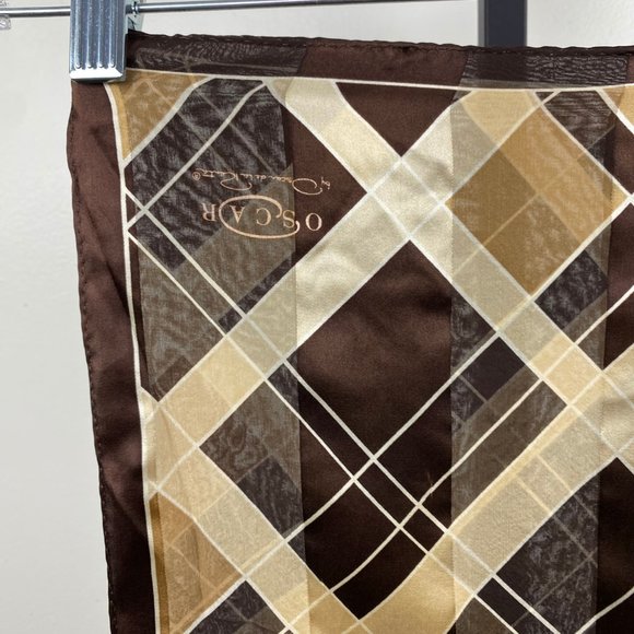Vintage Oscar De La Renta Brown and Tan Geometric 100% Silk Scarf 62" X 13.25" - Picture 5 of 9